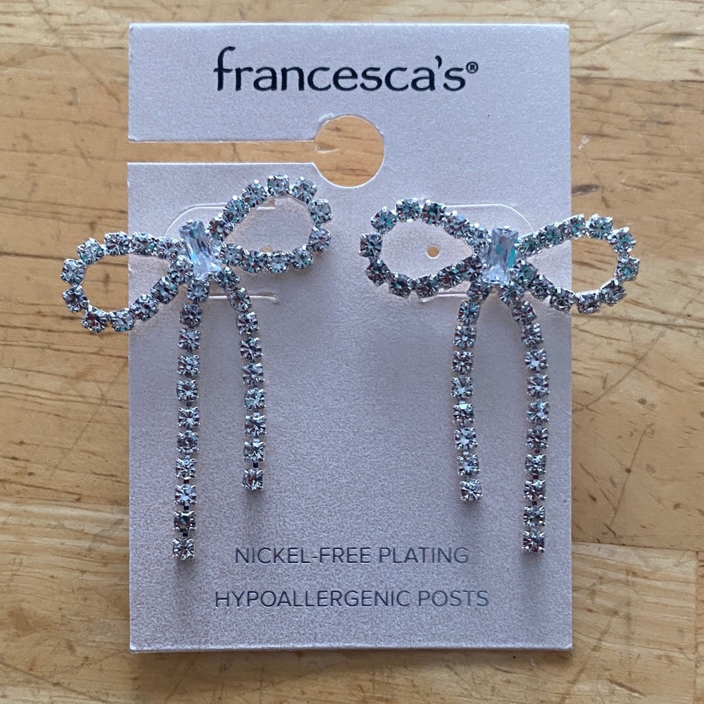 Francesca's Sparkling Silver Bow Earrings Hypoallergenic Nickel free NWT